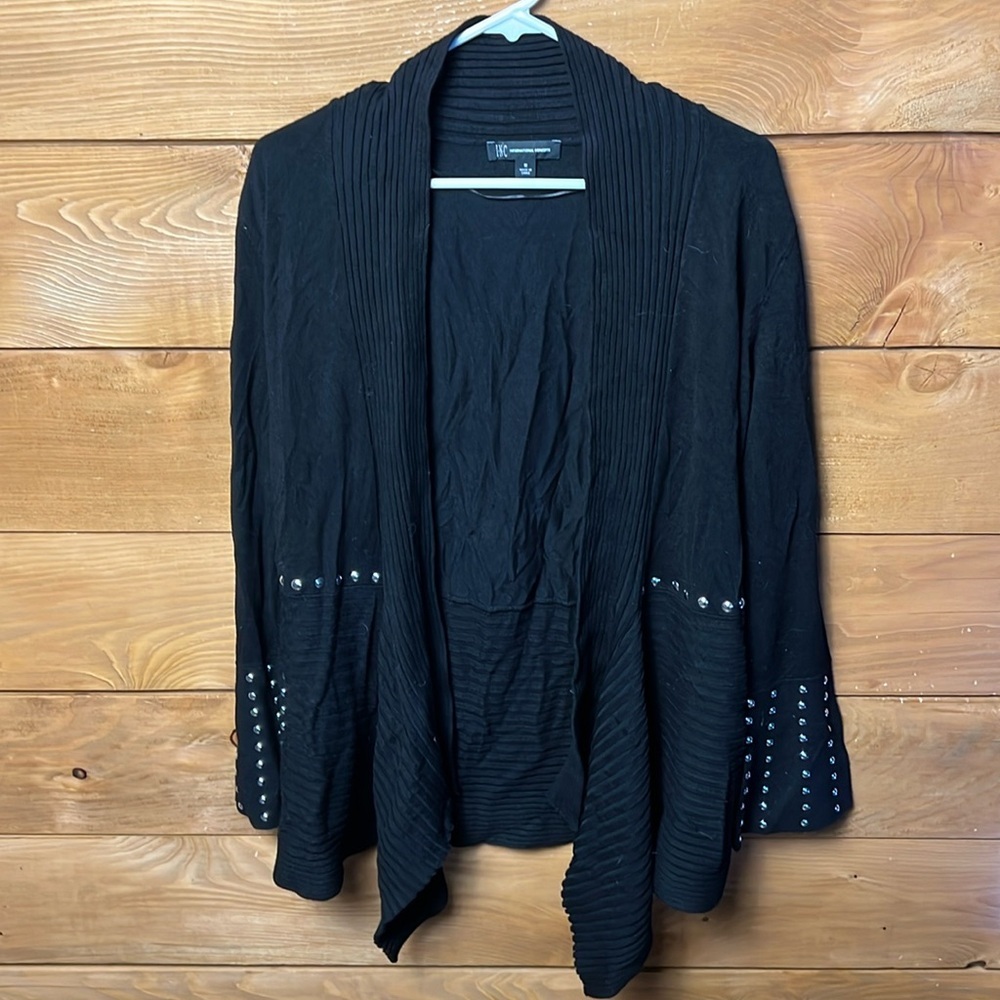 INC International Concepts Women Black Embellished Open-Front Cardigan Sweater M